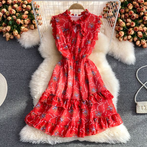 

summer floral chiffon mini dress women stand collar flying sleeve ruffle a-line high waist vestidos casual short robe 2021, Black;gray