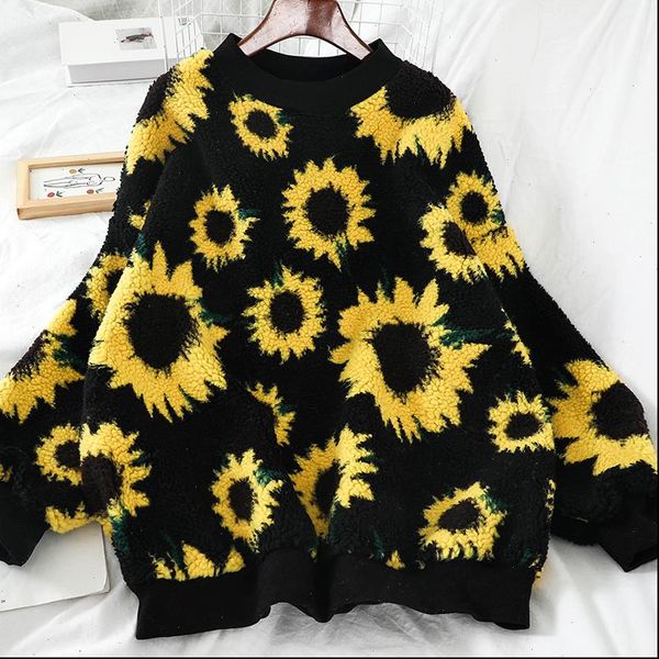 

autumn winter korean new loose sunflower fashion knit sweatshirt women o neck long sleeve sweatshirts loose female pullover wy01, Black