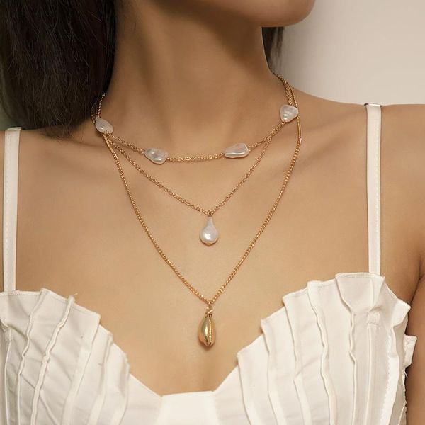 

pendant necklaces boho baroque imitation pearl drop shaped metal shell necklace women's retro fashion clavicle girl jewelry, Silver