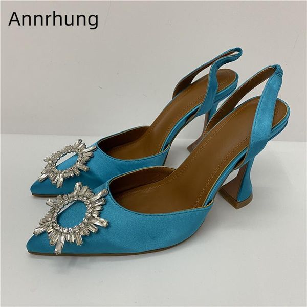 

size 35 luxury satin goblet heel sandals women pointed toe crystal rhinestone sunflower buckle party shoes woman, Black