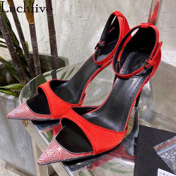 

sandals crystal point open toe thin high heels shoes woman ankle wrapped gladiator stiletto red black satin sapatos feminina