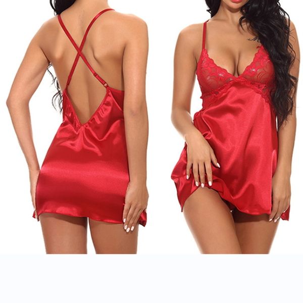 

2 pcs two-piece lingerie open back style lace perspective sling pajamas, Red;black