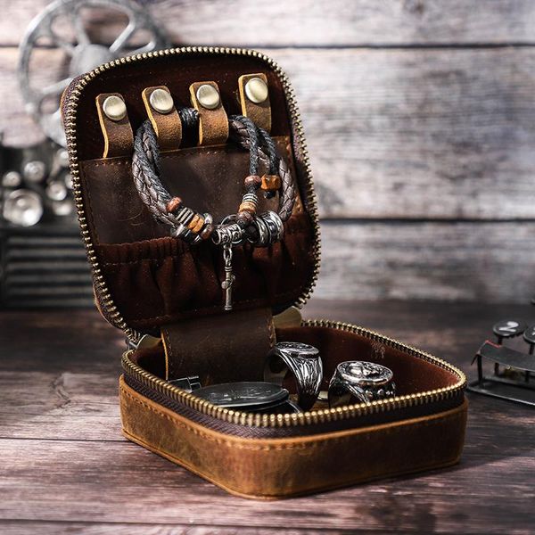 

bag parts & accessories contact's vintage jewelry organizer portable zipper storage crazy horse leather jewellery display case personal, Black