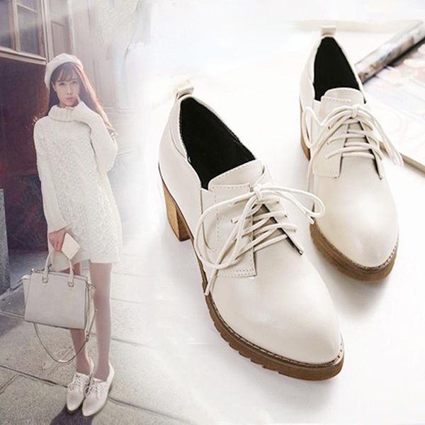 

dress shoes ladies fashion oxford 2021 thick heel casual women's lace-up pointed leather all-match, Black