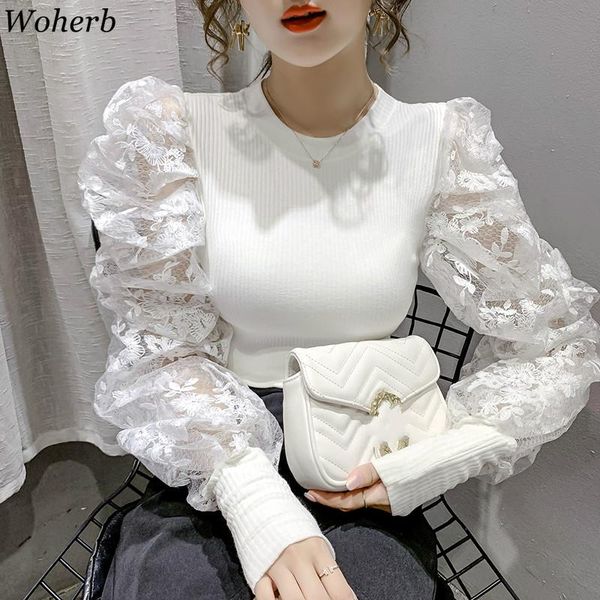 

women's blouses & shirts woherb chic lace patchwork puff sleeve blouse korean knitted stretch blusas femininas office lady elegant lon, White