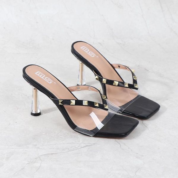 

slippers 2021 fashion women's shoes summer style outer wear all-match transparent one-word drag stiletto open toe high heels women, Black