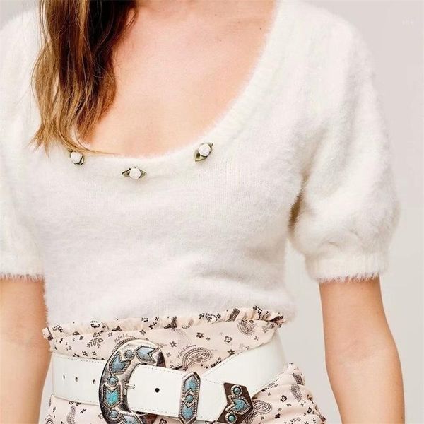 

women's sweaters women's women 2022 fashion white square neck small flower plush velvet bubble short-sleeved pullover slim knitted, White;black