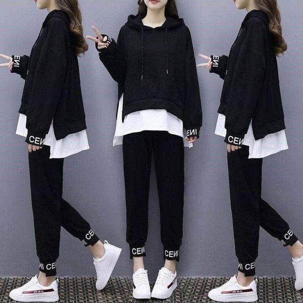 

plus size women 2 piece set 2021 spring autumn new casual loose black outfits for women long sleeve hoodies pants set, Gray