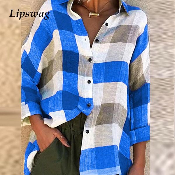 

women casual v neck button blouse shirts autumn long sleeve plaid print lady winter elegant plus size blusa streetwear, White