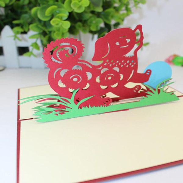 

greeting cards holiday handmade cute dog year carving creative 3d up of the