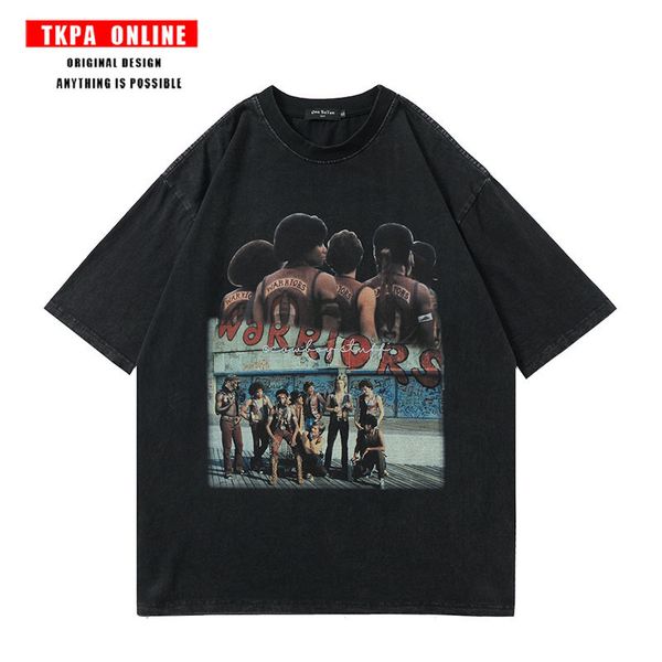 

tkpa men's fashion brand short sleeve t-shirt wash water make old hip-hop oversize leisure sports bottom coat, White