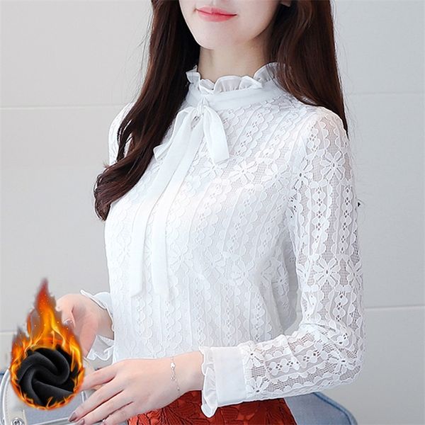 

ruffle new plus size women clothing white lace shirt bow female elegant long-sleeve s-3xl lace blouses shirts 608i 210225