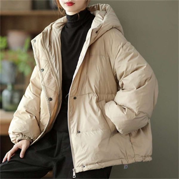 

leisure large size solid color hooded white duck down jacket women's loose thickened bread 20100, Black