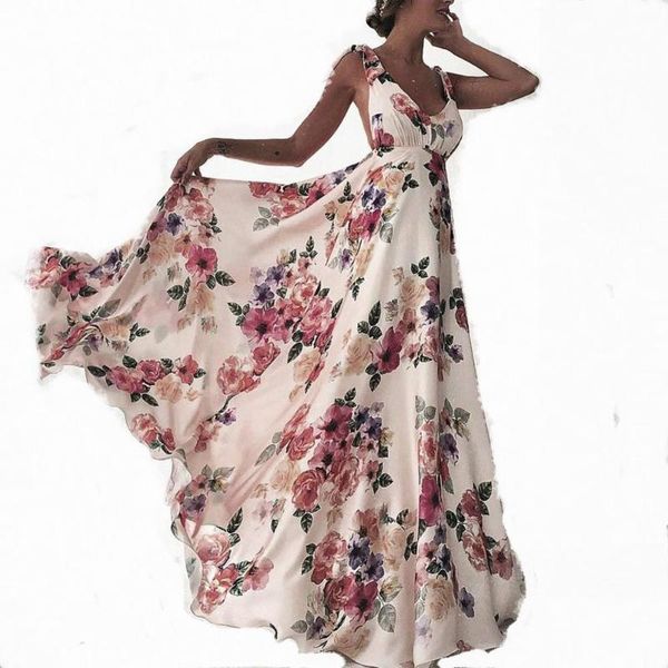 

2021 fashion women's dresses bohemian printed big hem spaghetti straps sleeveless suspender backless floor length long dress, Black;gray