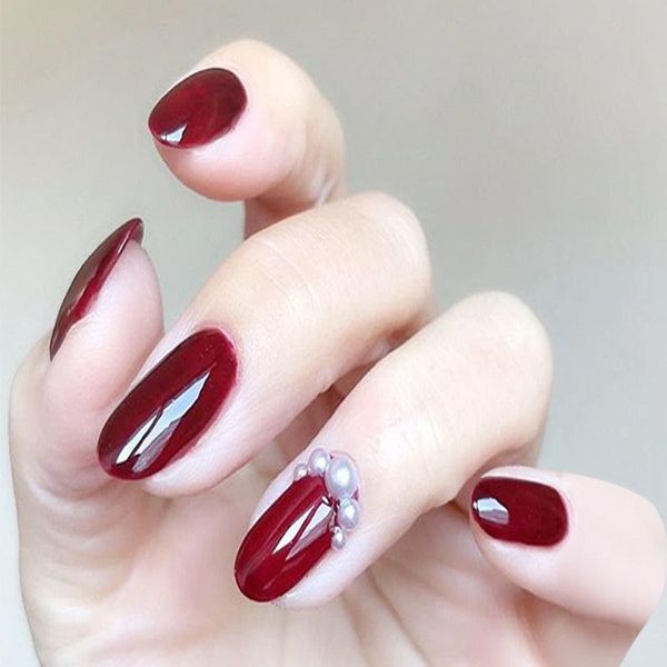 

nail gel fake nails wine red diamonds pearls polished patches and finished art 24pcs with glue, Red;pink