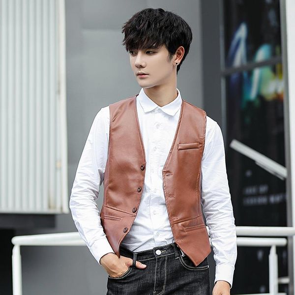 

men's vests men 's autumn casual fashion all -matching sleeveless pu vest leather slim, Black;white