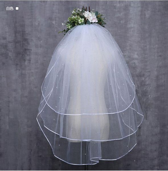 

bridal veils double layers tulle with comb white ivory short pearls bride for wedding dress, Black