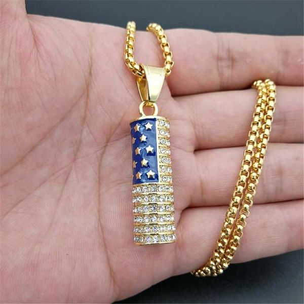 

pendant necklaces american flag,usa patriot om stars 4th of july cylinder necklace women men gift stainless steel jewelry, Silver