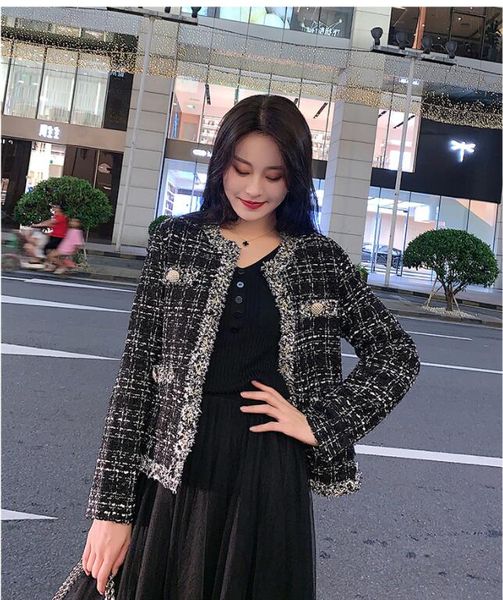 

new women black tweed women's jackets plaid coats autumn small fragrance long sleeve elegant tassel open stitch coats outerwear 2022, Black;brown