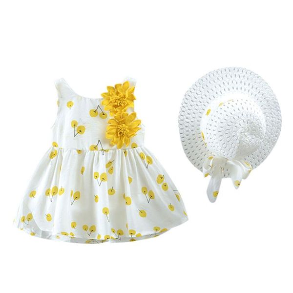 

girl's dresses toddler kid baby girls dress o-neck sleeveless cherry printed princess dress+hat children summer cute outfits set clothe, Red;yellow