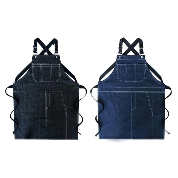 

aprons women men denim work apron adjustable cross back hanging buckle straps kitchen chef bib for cooking barbers coffee shop