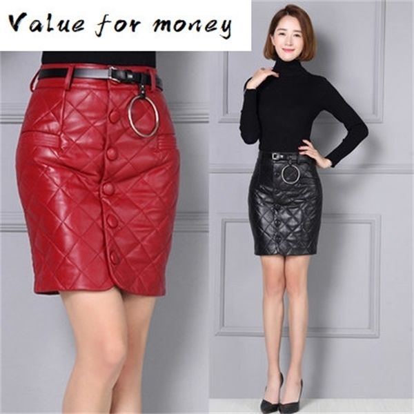 

a-line skirt leather high waist leather skirt k112 y1214, Black