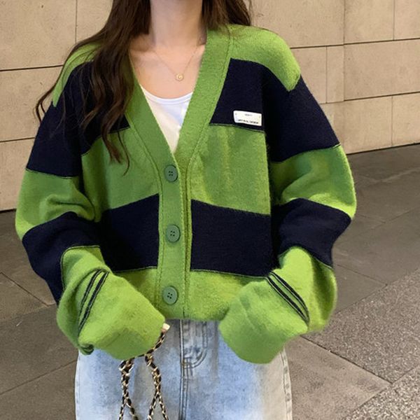 

women's sweaters women's knitted cardigan big winter, blouse, jacket with v-low, , long sleeve, green jumper, casual stripe oatk, White;black