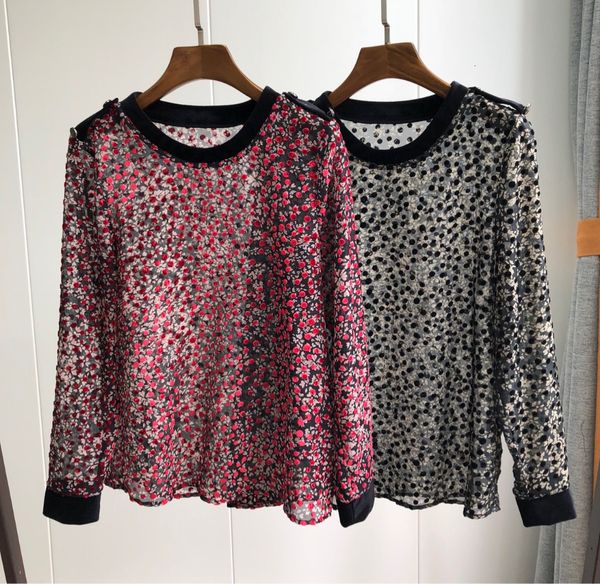 

2021 new mulher cereja florais vermelho polka dot veludo manga longa botes de ombro semi-transparente evmc, Black