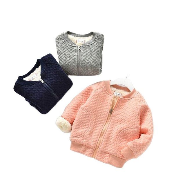 

jackets girls coats winter add velvet to keep warm children wear 0-4y kids pure color zipper outerwear spring autumn clothes jacket, Blue;gray