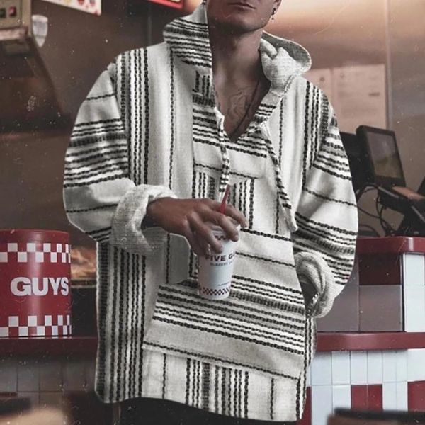 

new men's hoodies irregular stripe v-neck spring autumn fashion sport big pocket fashion pullover male clothes, Black