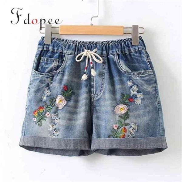 Summer Womens Shorts Literature Do Old Flower Embroidery Elastic Waist Solid Color Pockets Drawstring Jeans Short 210714