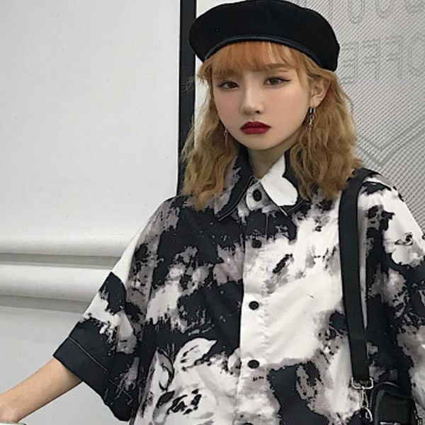 

plus size tie dye graffiti print loose blouse women man summer short sleeve casual shirt harajuku streetwear punk hippie tee, White