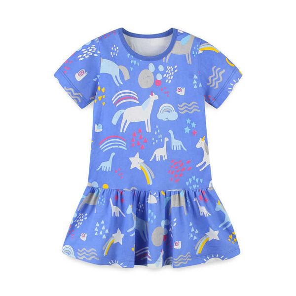 

jumping meters summer blue cartoon print fashion princess party dresses for baby cotton clothes kids unicorn dress 210529, Red;yellow