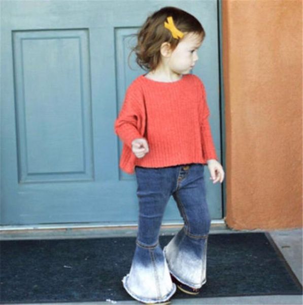 

jeans kids baby girls bell-bottoms long pants denim wide legs trousers fashion hit color leg jean, Blue