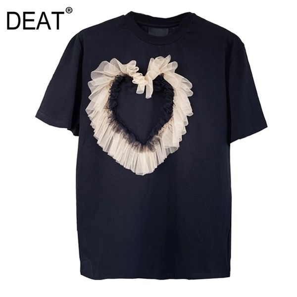 

[deat] women black temperament round neck splicing lace short sleeve loose t-shirt summer fashion 13c820 210527, White