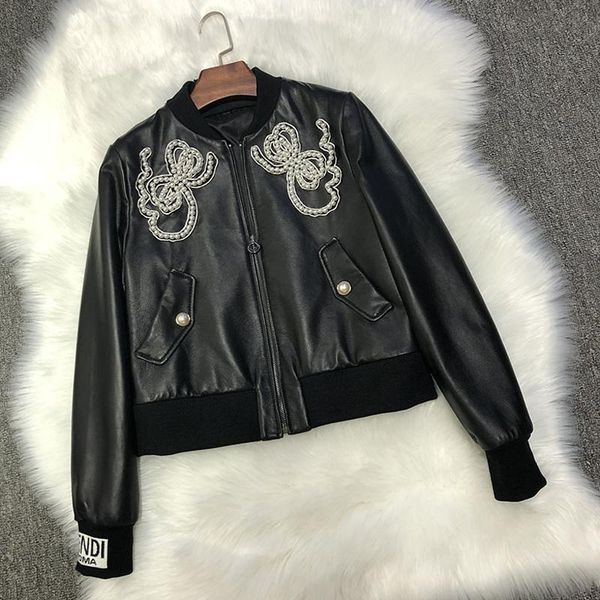 

women's leather & faux brand 2021 o-neck coat women spring and autumn genuine jacket pearl embroidery pattern clothes patchwork style, Black