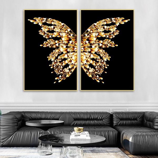 Black and Gold Butterfly Wings Abstract Lona Pintura Moderna Art Parede Cartaz Imprime fotos minimalistas para a decoração da sala de estar
