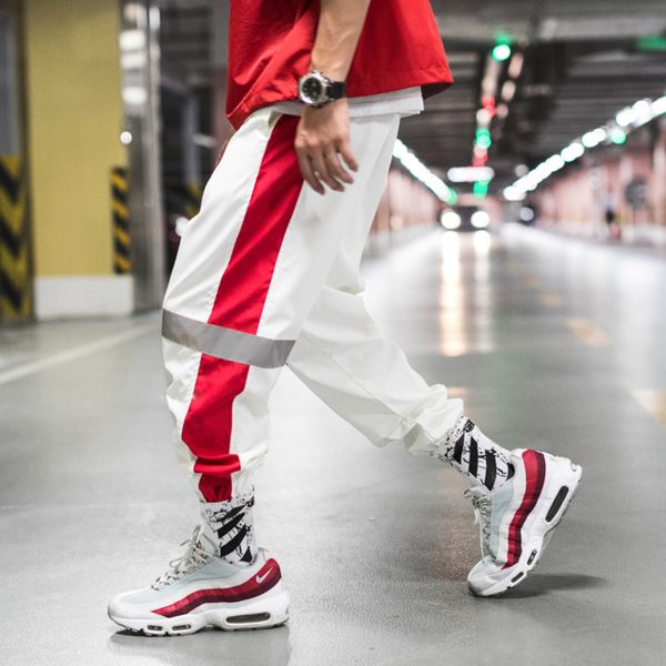 

jogger reflective mens pants hip hop streetwear male side stripe loose trousers breathable autumn male sport gyms sweatpants c0222, Black