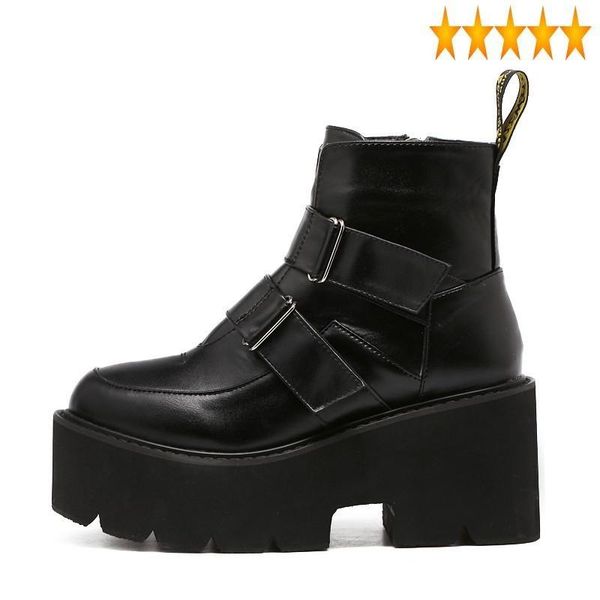 

boots bottom harajuku autumn high thick heel ankle women increase platform wedges shoes street punk pu leather biker short, Black