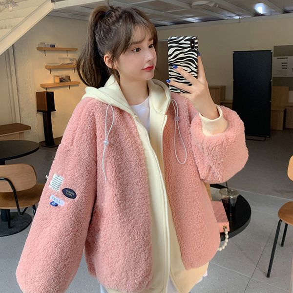 

2021 New Faux Fur Thick Jackets for Women Autumn Winter Korea Kawaii Jacket Hooded Outerwear Coat Streetwear Harajuku Teenager Girls Mmtu, Black