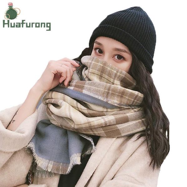 

scarves autumn winter korean scarf color matching ins big plaid cashmere shawl thickening warmth ladies, Blue;gray