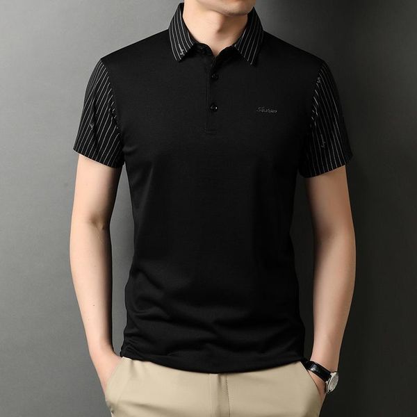 

men's t-shirts mulberry silk breathable t-shirt short sleeves striped ice lapel loose shirt in summer, White;black