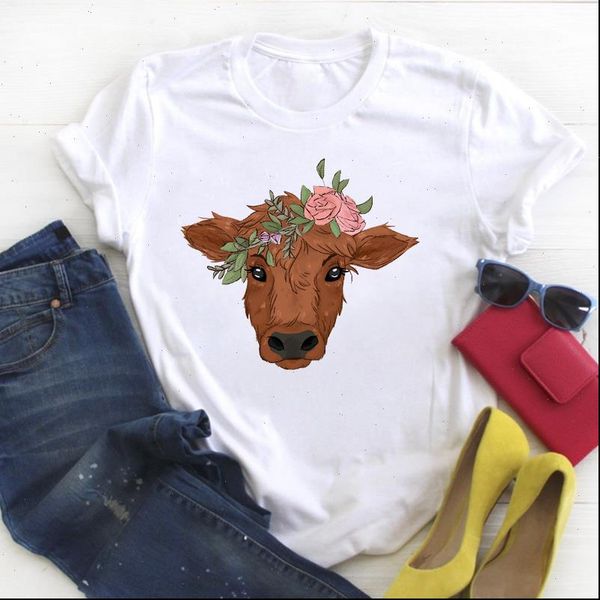 

women hewfer cow cartoon flower clothing print ladies summer t tee female shirt clothes tshirt womens graphic t shirt, White