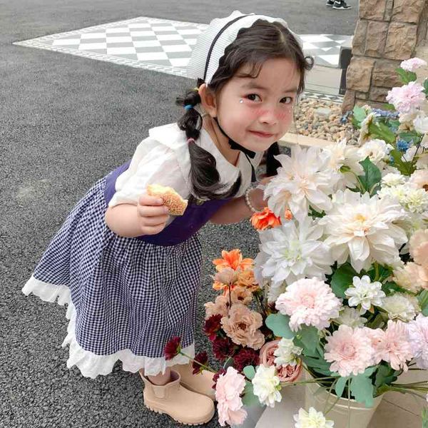 

summer arrival girls fashion 2 peices suit white blouses+overalls dress clothes 210528