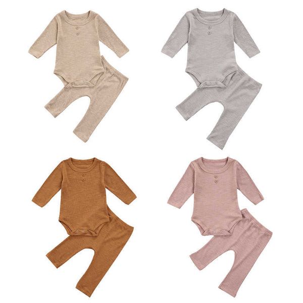

autumn 2pcs newborn baby boys girls cotton soft ribbed outfits, toddler solid color long sleeve round neck playsuit + trousers g1023, White