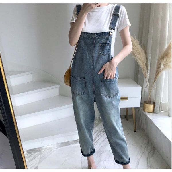 

women's jeans spring bib pants loose nine-point fashion casual high waist 581, Blue