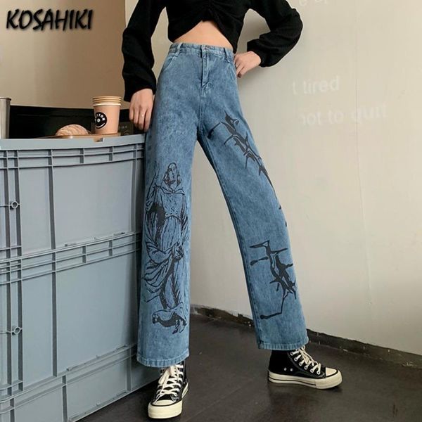 

women's pants & capris kosahiki ins retro harajuku wide leg jeans woman trousers loose casual ankle length denim vintage print streetwe, Black;white