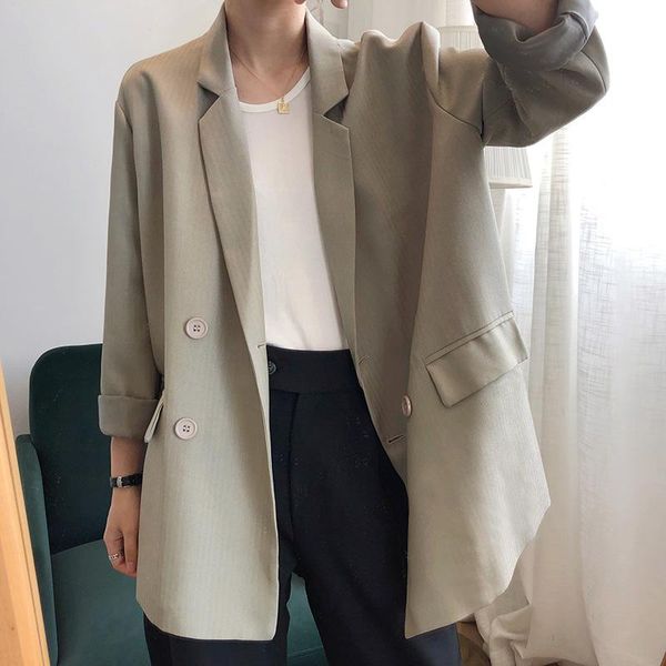 

women's suits & blazers spring and autumn casual solid color double-breasted pocket decoration loose jacket, White;black