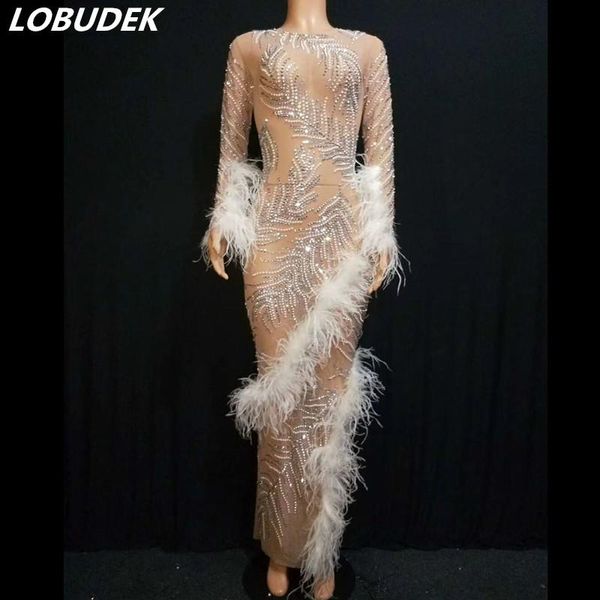 

casual dresses see-through dress costume sparkly rhinestone white feather birthday prom evening performance perspective long, Black;gray