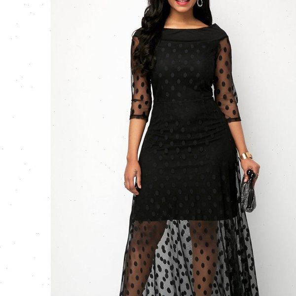 

women long polka dot maxi dress summer boho beach party lace mesh clubwear sundress bodycon formal prom sheer black vestido, Black;gray